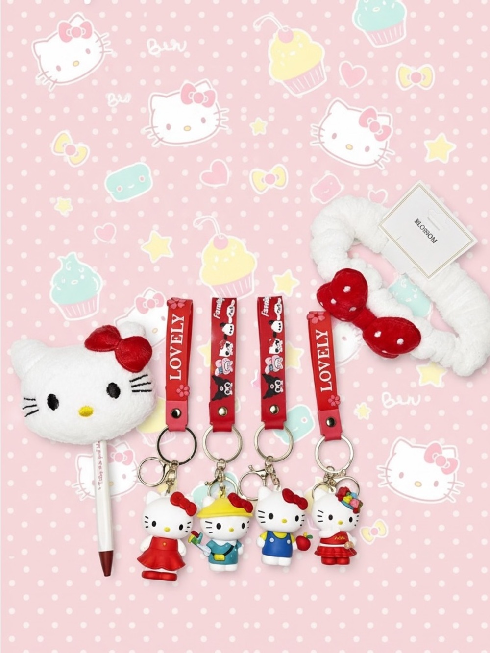 Red Kitty Bundle Kitty Keychains Plush Pen Spa Headband Cute Accessories Set